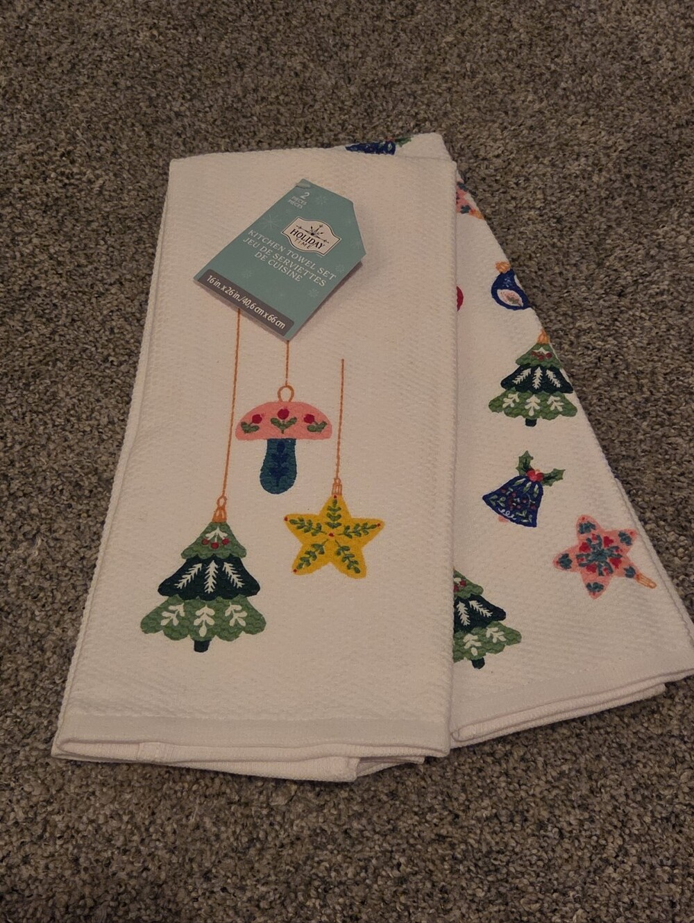 Holiday Embroidered White Kitchen Towels with Colorful Ornaments Set Of 2